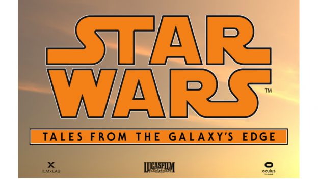 Star Wars: Tales from the Galaxy's Edge logo rises over Batuu-inspired orange sky, with partner logos highlighting new VR adventure.