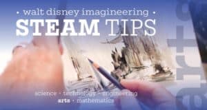 Imagineer sketches a theme park skyline with: "Walt Disney Imagineering STEAM tips: science, technology, engineering, art, math.