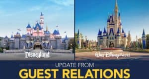 Side-by-side view of Sleeping Beauty Castle and Cinderella Castle with "Update from Disney Guest Relations" for park fans.
