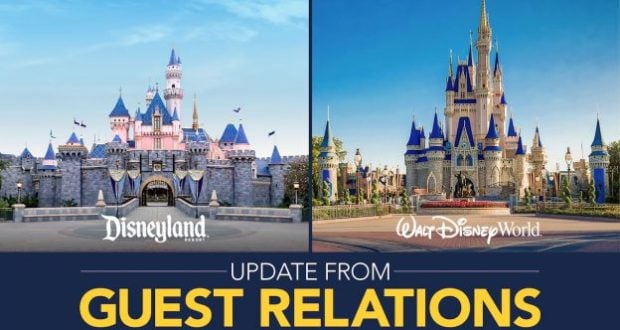 Side-by-side view of Sleeping Beauty Castle and Cinderella Castle with "Update from Disney Guest Relations" for park fans.