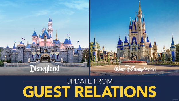 Side-by-side view of Sleeping Beauty Castle and Cinderella Castle with "Update from Disney Guest Relations" for park fans.