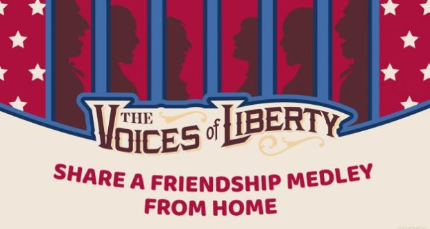 Red and cream EPCOT graphic spotlighting Voices of Liberty with “Share a Song of Friendship Medley From Home” headline.