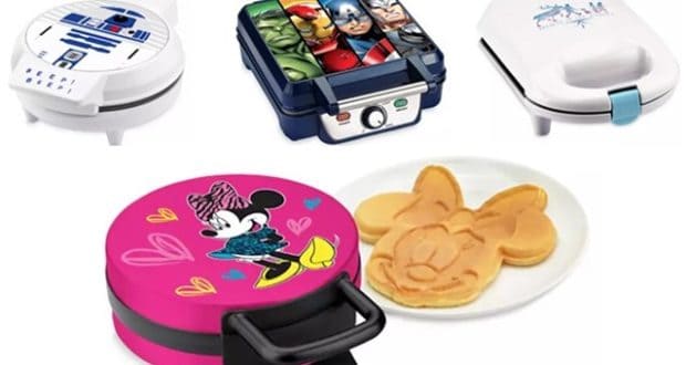 Five Disney character waffle makers, including a Mickey-shaped waffle up front. Available now at shopDisney—perfect for fans!.