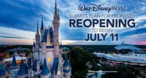 Cinderella Castle at Disney World with announcement text about the park’s proposed reopening starting July 11.