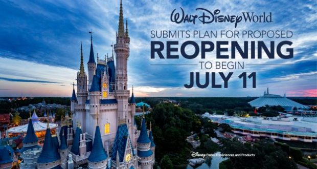 Cinderella Castle at Disney World with announcement text about the park’s proposed reopening starting July 11.