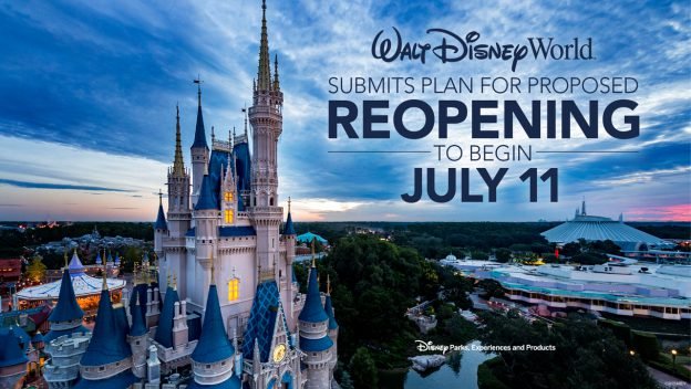 Cinderella Castle at Disney World with announcement text about the park’s proposed reopening starting July 11.