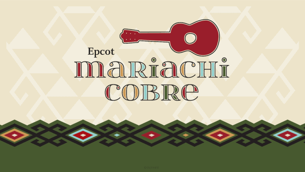 Mariachi Cobre sign at EPCOT with guitar art and geometric border, celebrating lively traditional music in World Showcase.