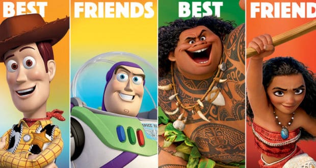 Woody, Buzz Lightyear, Maui, and Moana under "Best Friends" on vibrant backgrounds—ideal Disney Parks-inspired phone wallpaper.