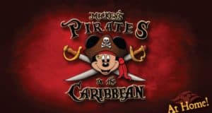 Mickey Mouse as a pirate with crossed swords, celebrating "Mickey's Pirates in the Caribbean At Home!"—Disney Cruise magic!.