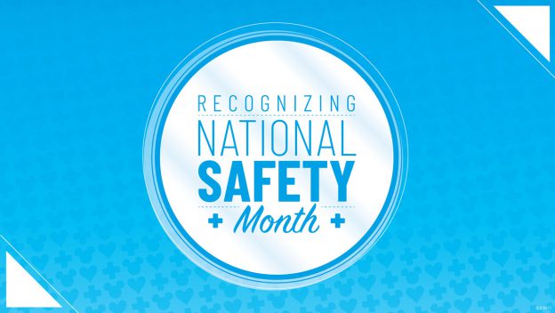 Blue graphic with white circle text: "Recognizing National Safety Month," celebrating Disney Cast Members' and Safety Team dedication.