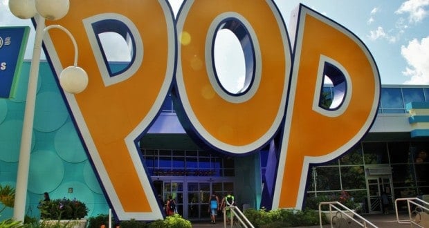 The giant yellow “POP” letters greet guests at the entrance of Disney’s vibrant, retro-themed Pop Century Resort.