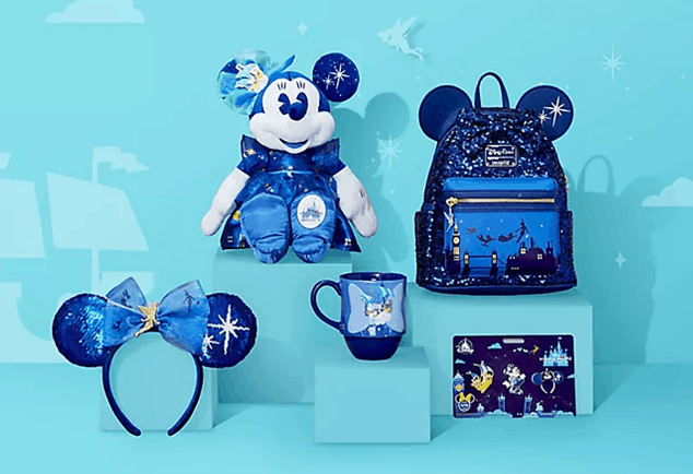 Blue Peter Pan’s Flight-inspired Minnie Series plush, backpack, mug, headband, and accessories at Disney Parks.