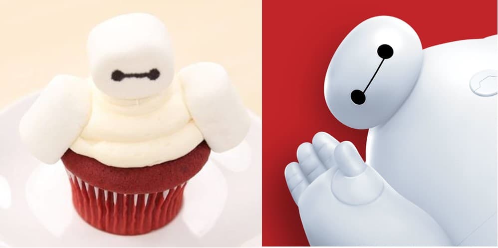 Baymax cupcake and Baymax image on a vibrant red backdrop—perfect for Disney fans craving a magical Big Hero 6 treat.