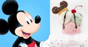 Mickey Mouse illustration beside a Mickey Ice Cream Sundae with cherry and cookie—an iconic Disney Parks treat for fans.