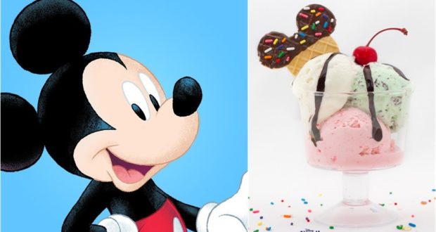 Mickey Mouse illustration beside a Mickey Ice Cream Sundae with cherry and cookie—an iconic Disney Parks treat for fans.