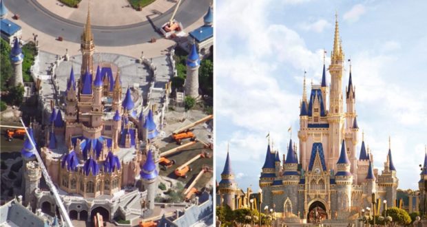 Cinderella Castle in Magic Kingdom: aerial view mid-construction and front view post-makeover with shining blue rooftops.
