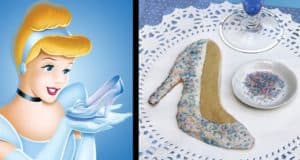 Cinderella at Disney Parks with her iconic glass slipper next to a themed cookie inspired by the signature glass slipper treat.