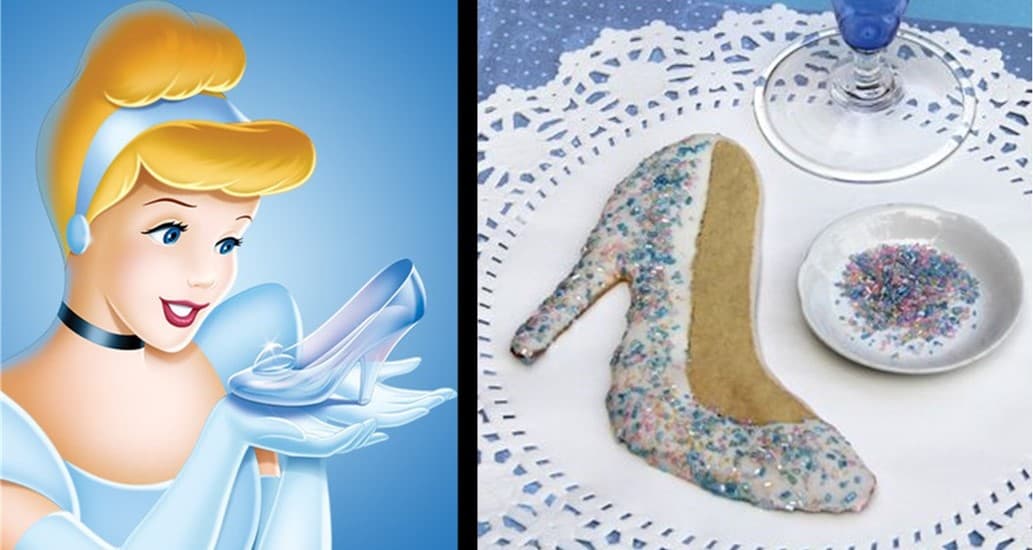 Cinderella at Disney Parks with her iconic glass slipper next to a themed cookie inspired by the signature glass slipper treat.