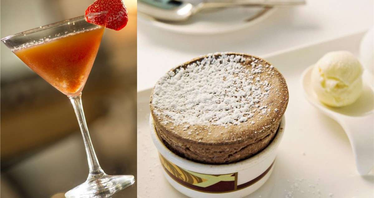 A Disney Cruise Line-inspired chocolate soufflé with vanilla ice cream and a strawberry cocktail, just like at Palo’s.