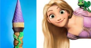 Rapunzel’s tower-inspired ice cream cone beside Rapunzel and Pascal from Tangled at a Disney Parks treat stand.