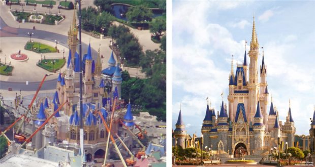 Aerial view of Cinderella Castle’s transformation at Magic Kingdom, contrasting its construction phase with the grand final reveal.