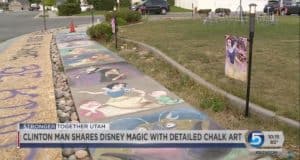 Disney characters come to life in vibrant sidewalk chalk art, drawing community smiles and local news buzz outside the park gates.