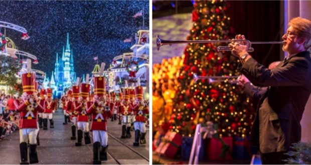 Toy soldiers march and a trumpeter plays by a glittering Christmas tree, bringing Disney World’s holiday parade magic to life.