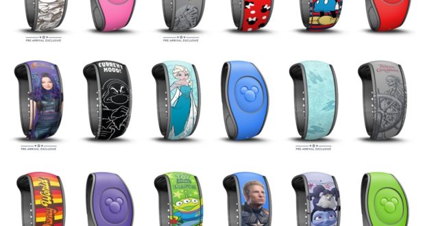 Fifteen Disney MagicBands with fan-favorite characters and bold designs line up in three rows, ready for your next park visit.