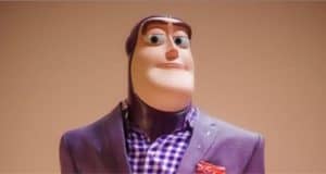 Buzz Lightyear models a purple suit and checkered shirt in Real Toons style, showcasing Disney magic with a modern twist.
