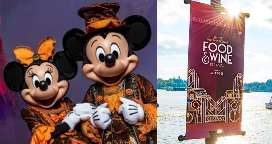 Mickey and Minnie in festive Halloween attire pose by the EPCOT Food & Wine Festival banner, celebrating Disney’s Halloween magic.