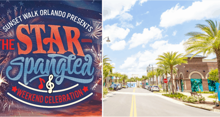 Star-Spangled Weekend Celebration" event poster at Promenade at Sunset Walk, Orlando, with palm-lined avenues and lively shops.