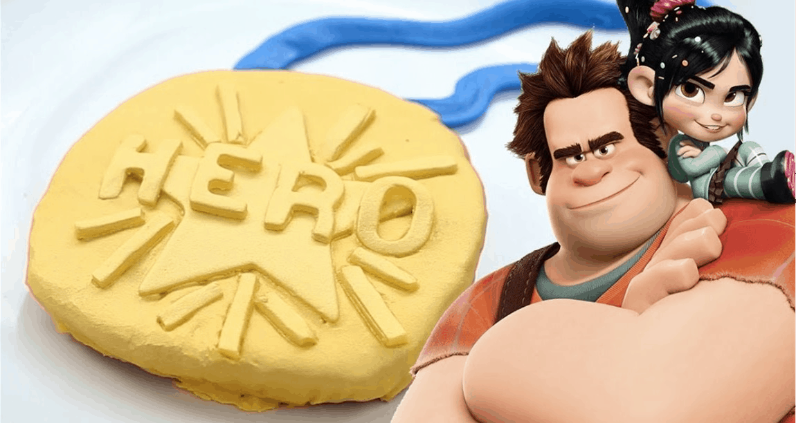 The Hero Medal Cookie gleams beside Ralph and Vanellope, star characters from Wreck-It Ralph at Disney Parks.
