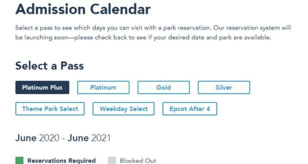 Disney World Passholder admission calendar with Select a Pass and reservation status legend, June 2020–June 2021.
