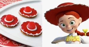 Jessie’s red cowgirl hat cookies sit beside animated Jessie herself, ready for fans to recreate her signature treat at home.