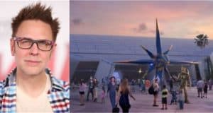 Guests stroll near EPCOT’s iconic Spaceship Earth and Nova Corps Starblaster at sunset, channeling the energy of Cosmic Rewind.