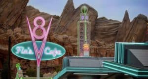 Flo's Cafe and Ramone's neon lights shine in Cars Land at Disneyland Resort, immersing guests in the world of Pixar’s Cars.