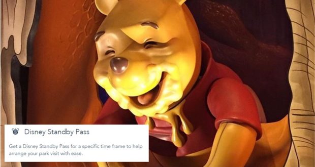 Winnie the Pooh beams in a close-up, while a Disney Standby Pass box explains the latest queue system for park guests.