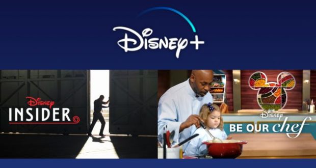 Disney+ banner showcases Disney Insider and Be Our Chef logos, with a family cooking scene inspired by beloved Disney Parks experiences.