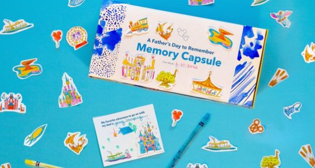 A Father’s Day memory capsule box with Disney-themed stickers, fun pens, and coupons, set against a vibrant blue backdrop.