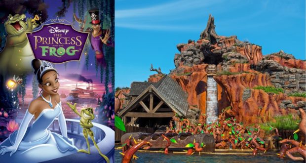 Split image: The Princess and the Frog movie poster alongside Walt Disney World's Splash Mountain attraction.