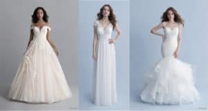Cinderella, Ariel, and Belle-inspired wedding gowns from Disney Fairy Tale Weddings shine on models before a soft gray backdrop.