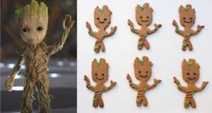 Left: Baby Groot greeting guests. Right: Six Groot-themed cookies with icing—ideal treats for Marvel fans at the parks!.