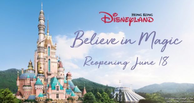 Hong Kong Disneyland’s castle invites fans back June 18. Blue skies and green hills frame the magical "Believe in Magic" celebration.
