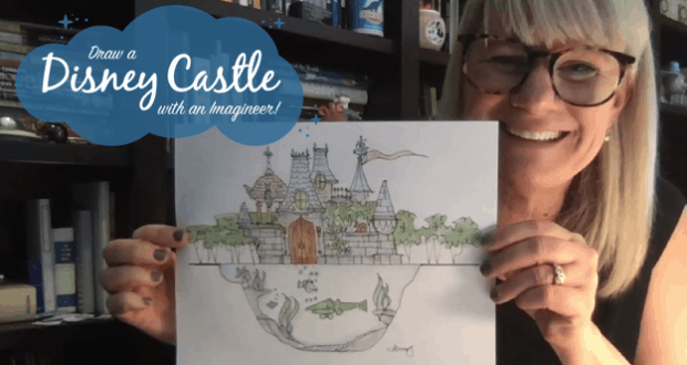 Disney fan beams with pride, holding her Disney Castle artwork and dreaming of becoming a Disney Imagineer, bookshelves behind her.