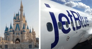 Cinderella Castle gleams on the left as a JetBlue plane flies by, capturing pre-quarantine Florida travel magic and adventure.