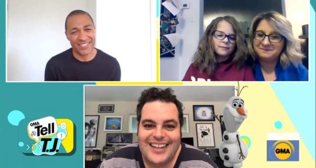 Olaf from Frozen and a health care hero share a virtual call with fans, bringing theme park magic into their homes.