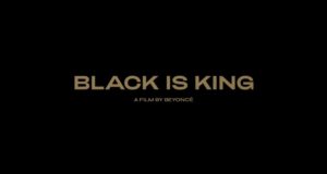 Sleek black backdrop with shimmering gold text: "BLACK IS KING. A FILM BY BEYONCÉ," celebrating Disney+ entertainment magic.