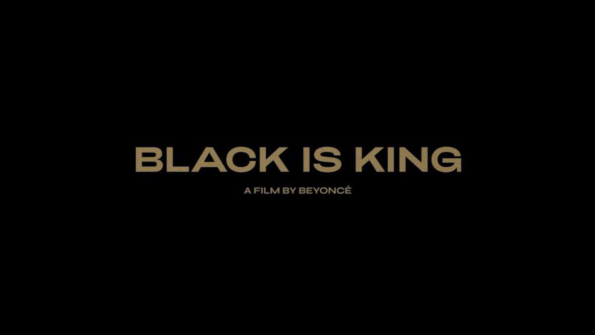 Sleek black backdrop with shimmering gold text: "BLACK IS KING. A FILM BY BEYONCÉ," celebrating Disney+ entertainment magic.