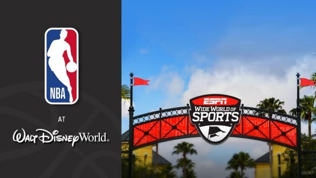 NBA logo and Walt Disney World signage at ESPN Wide World of Sports, framed by palm trees and a sunny Florida sky.