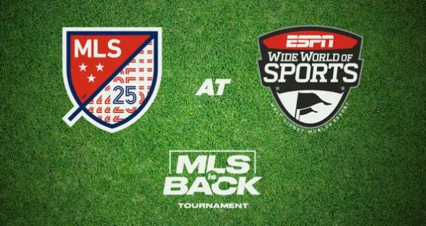 MLS and ESPN Wide World of Sports logos on the field, with "MLS is Back Tournament" text, spotlighting Disney’s sports magic.